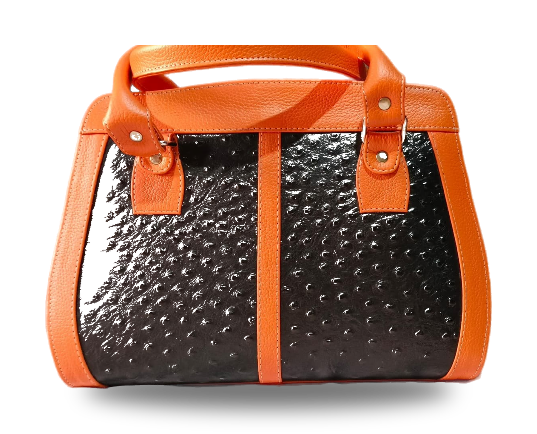 Orange and black ostrich grain leather handbag with twin handles and silver hardware