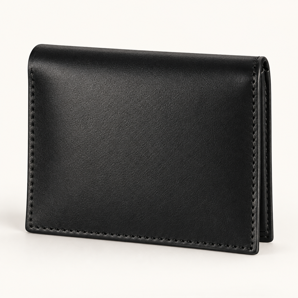 Men's black leather card holder wallet, closed front view