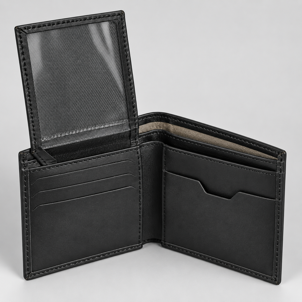 Black leather card holder wallet open, showing ID window and card slots