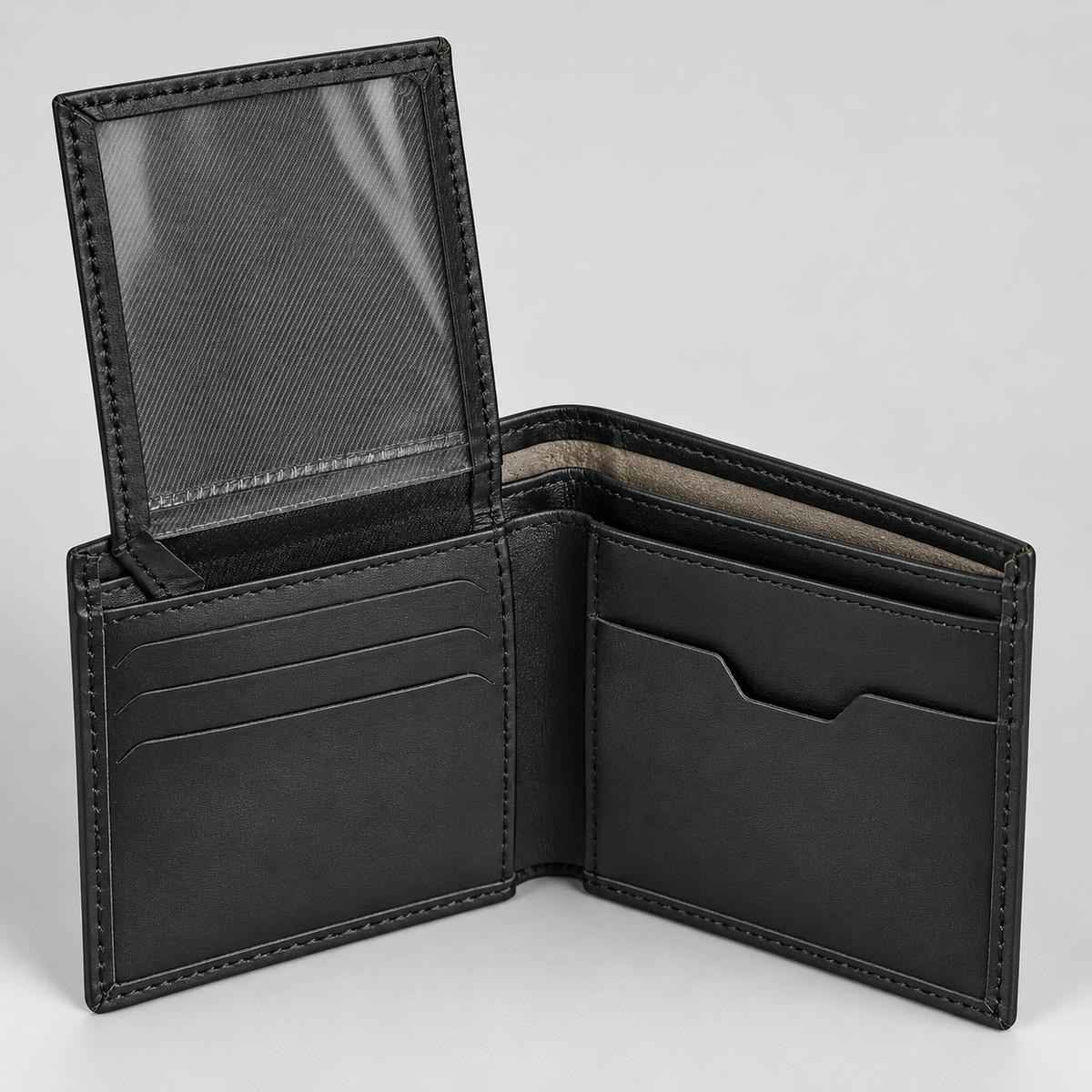 Black leather card holder wallet open, showing ID window and card slots