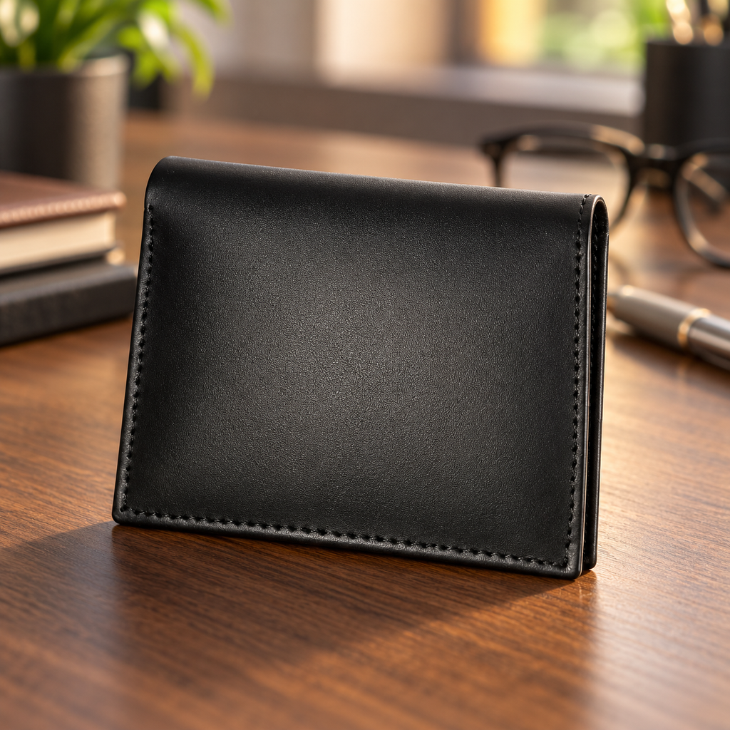Black leather card holder wallet standing on a wooden desk