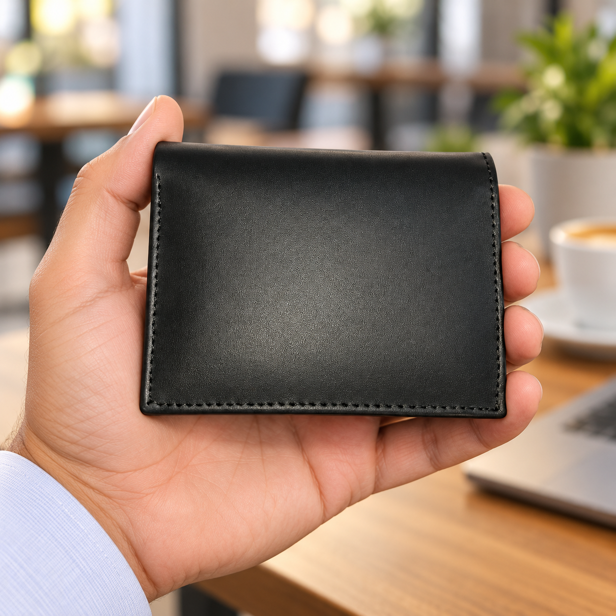 Black leather card holder wallet held in hand, showing its slim size