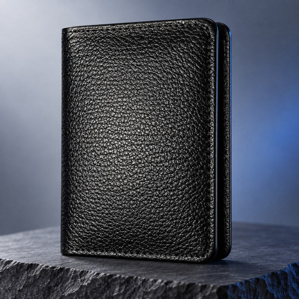 Men's black pebble grain leather card holder, portrait, closed front view