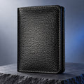 Men's black pebble grain leather card holder, portrait, closed front view