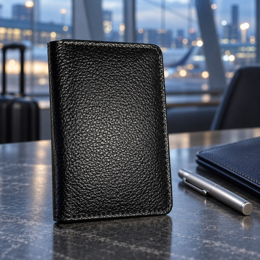 Black pebble grain card holder standing on a desk beside a notebook and pen