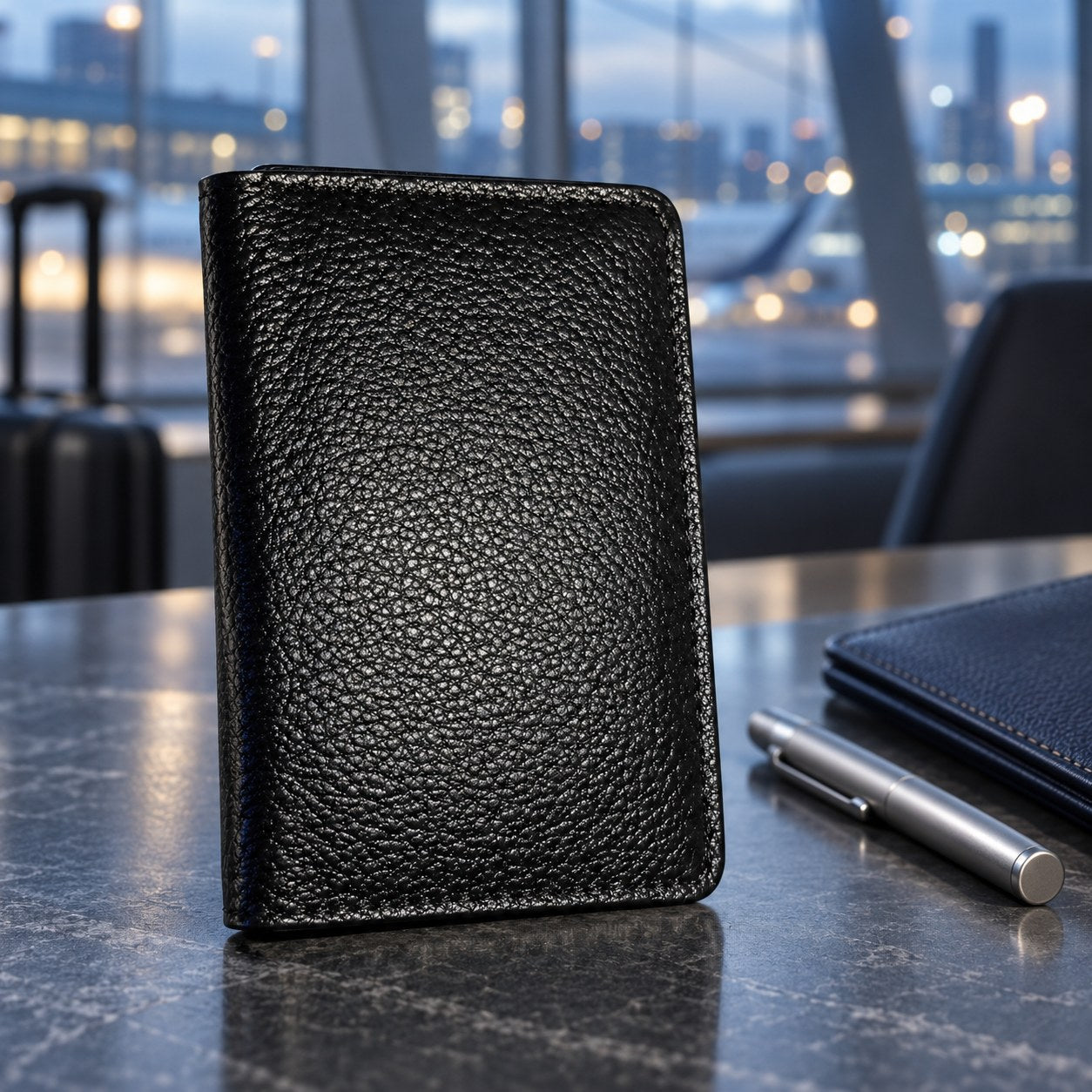 Black pebble grain card holder standing on a desk beside a notebook and pen
