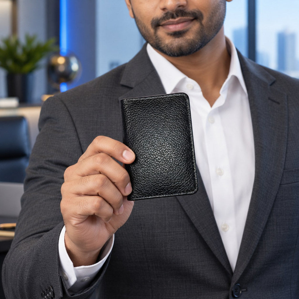 Man in a suit holding the black leather card holder, showing its size in the hand