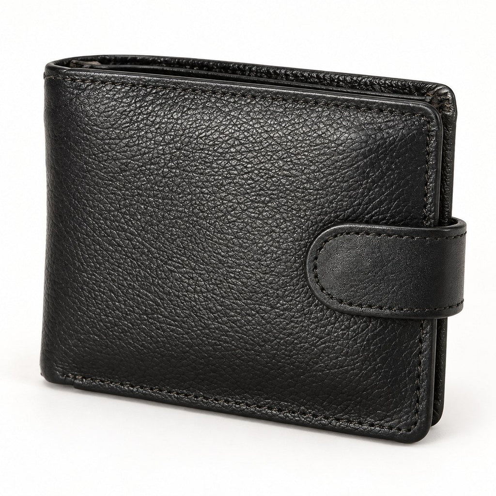 Men's black grain leather bifold wallet with leather tab and stud closure, closed