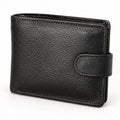 Men's black grain leather bifold wallet with leather tab and stud closure, closed