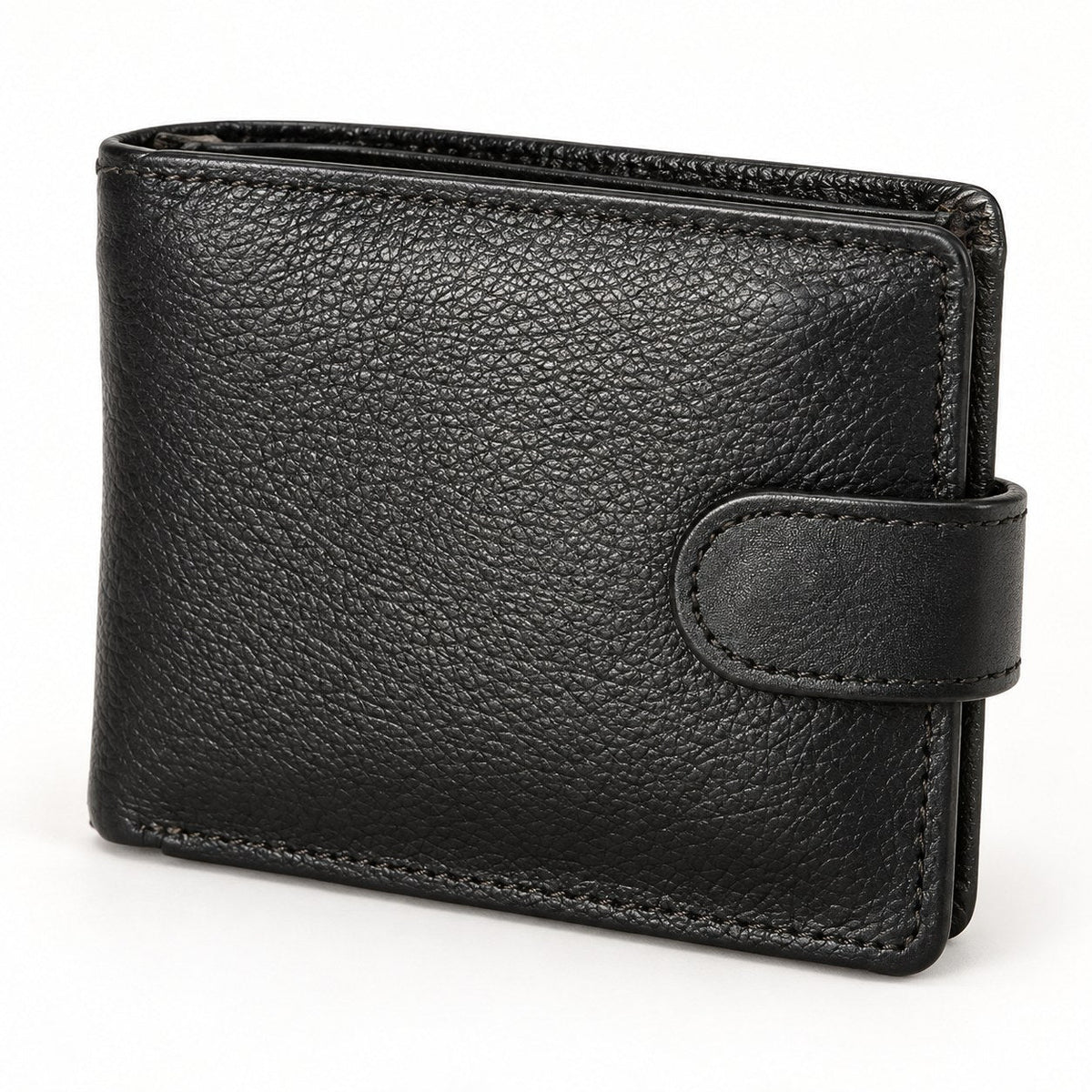 Men's black grain leather bifold wallet with leather tab and stud closure, closed