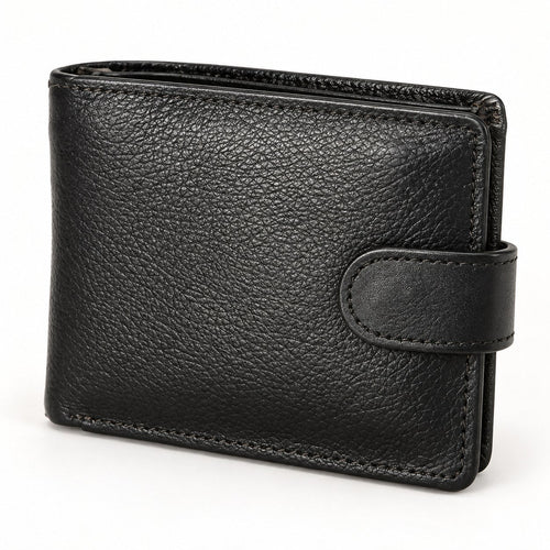 Men's black grain leather bifold wallet with leather tab and stud closure, closed