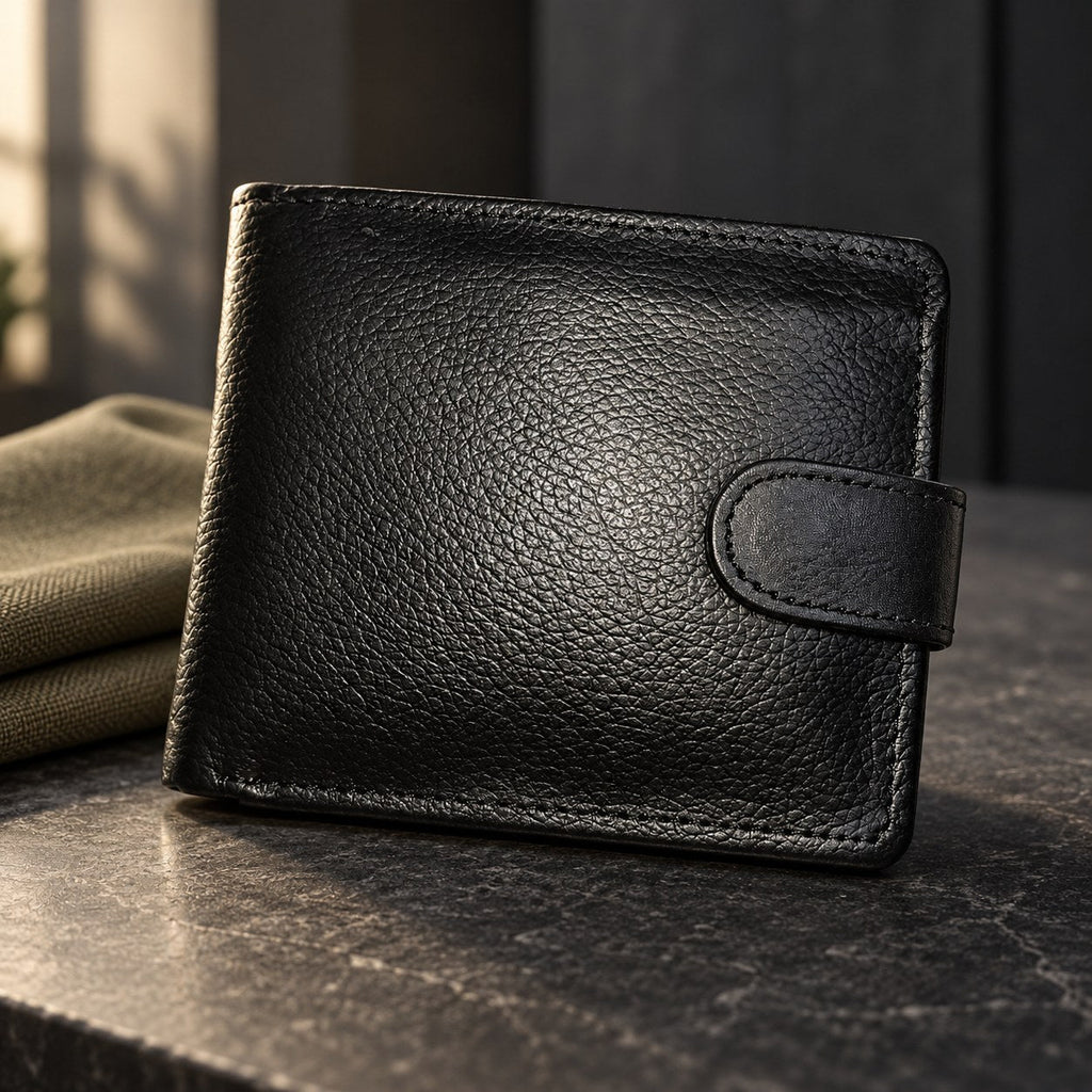 Black grain leather tab close wallet resting on a dark stone surface