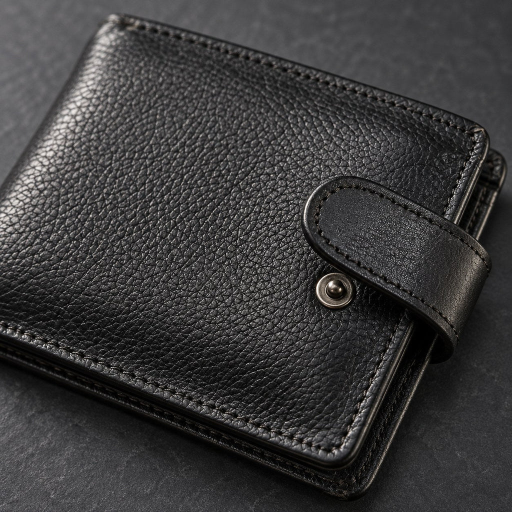 Close view of the pebble grain leather and metal press stud on the closure tab