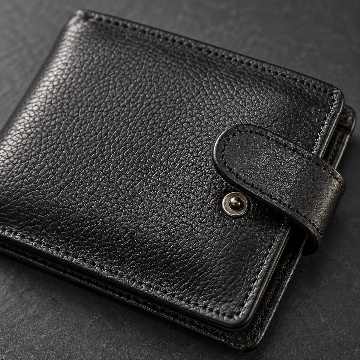 Close view of the pebble grain leather and metal press stud on the closure tab