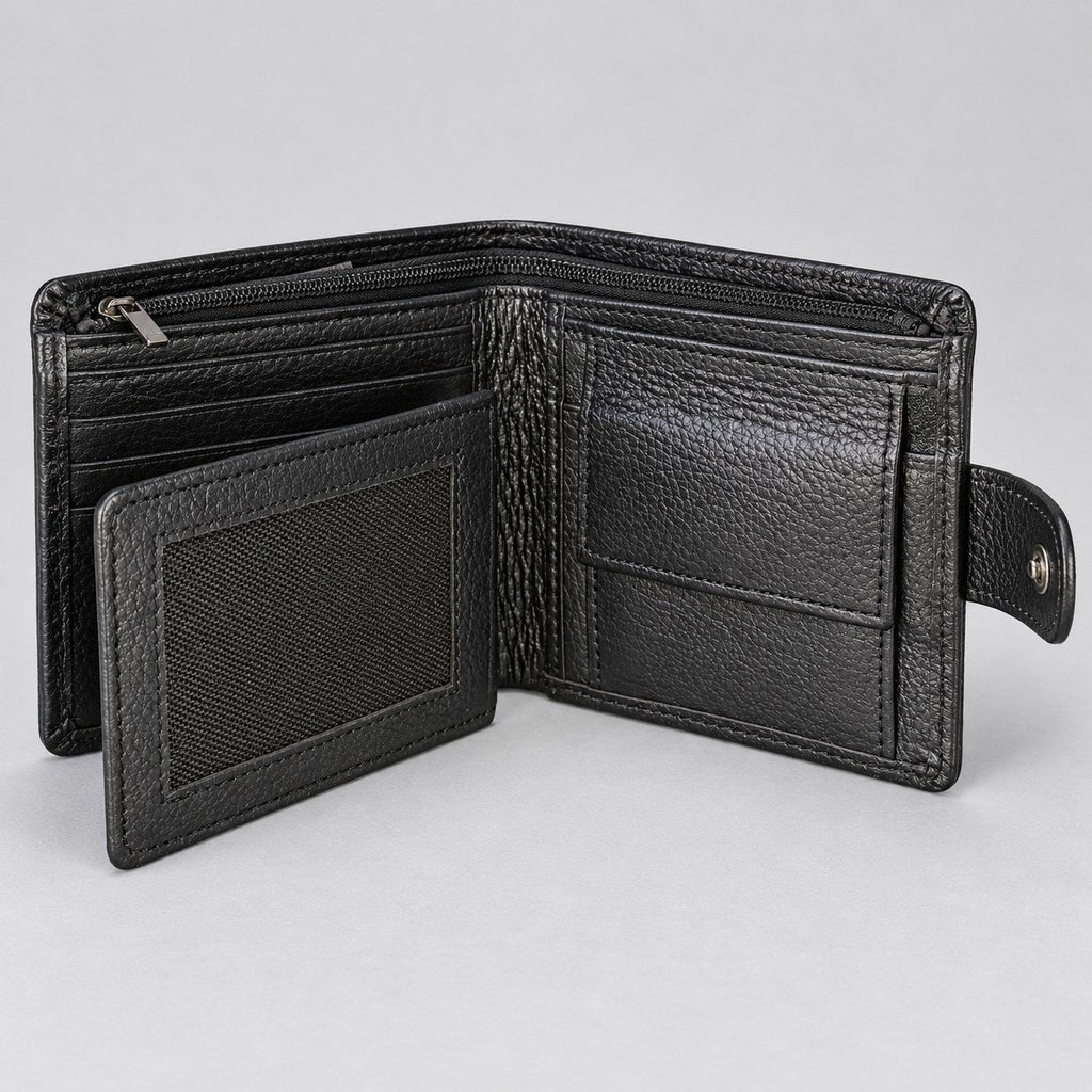 Black grain bifold wallet open, showing the zipped coin pocket and centre flap