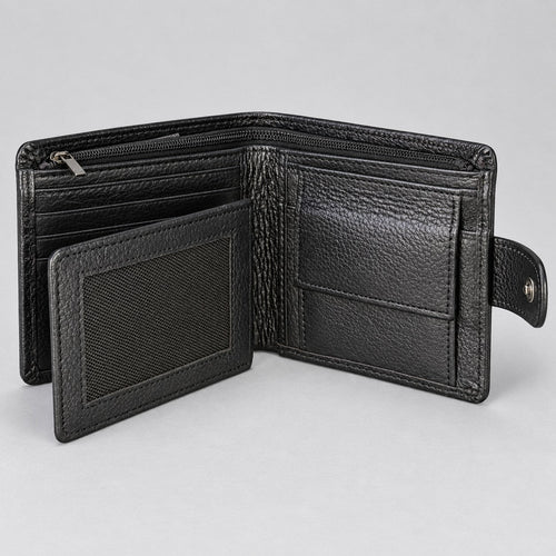 Black grain bifold wallet open, showing the zipped coin pocket and centre flap