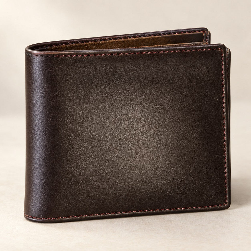 Men's dark brown leather bifold wallet with tan stitching, closed front view