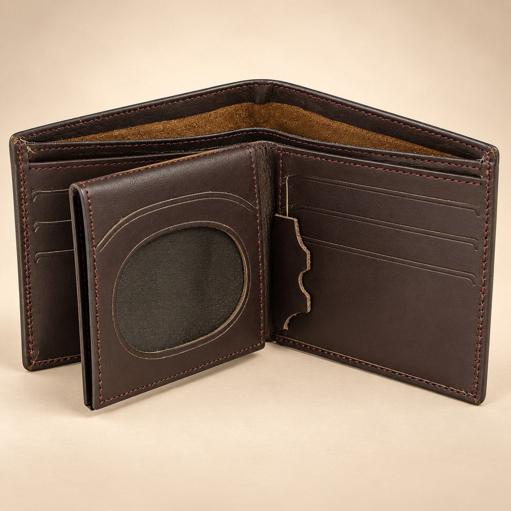 Dark brown bifold wallet open, showing the flip-out panel with an oval ID window