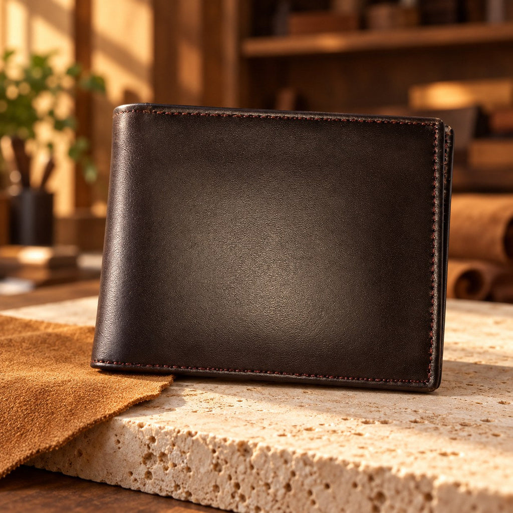 Dark brown leather bifold wallet resting on a stone surface