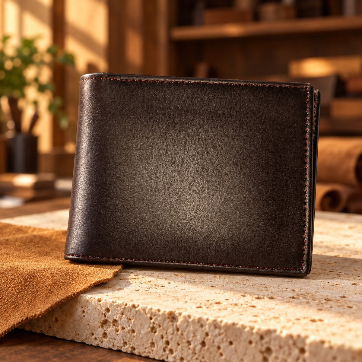 Dark brown leather bifold wallet resting on a stone surface