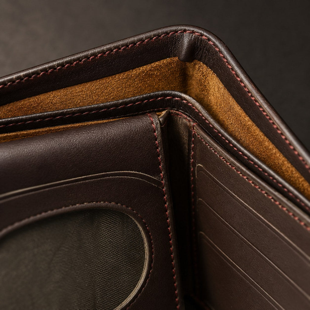 Close-up of the tan contrast stitching and oval ID window on the dark brown wallet