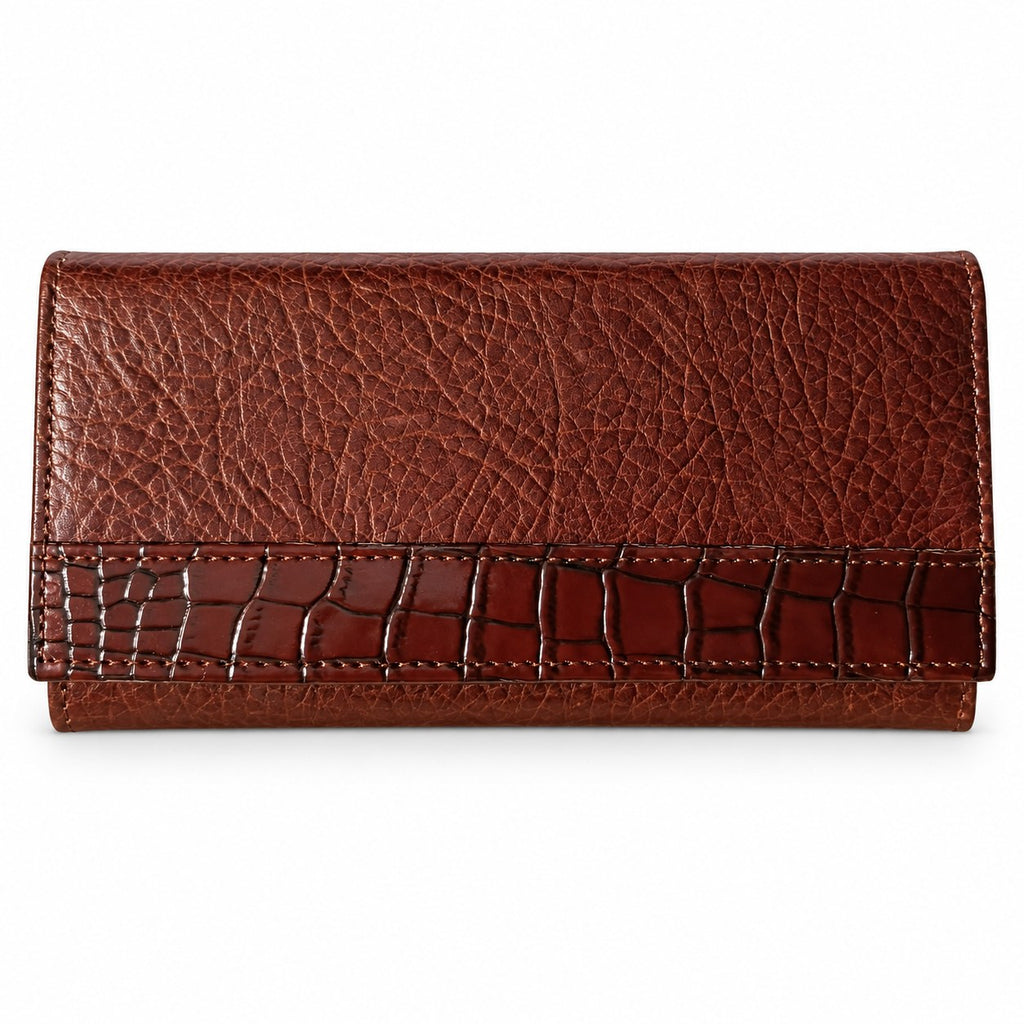 Women's buffalo grain leather clutch wallet with a croc embossed band, closed front view