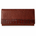 Women's buffalo grain leather clutch wallet with a croc embossed band, closed front view