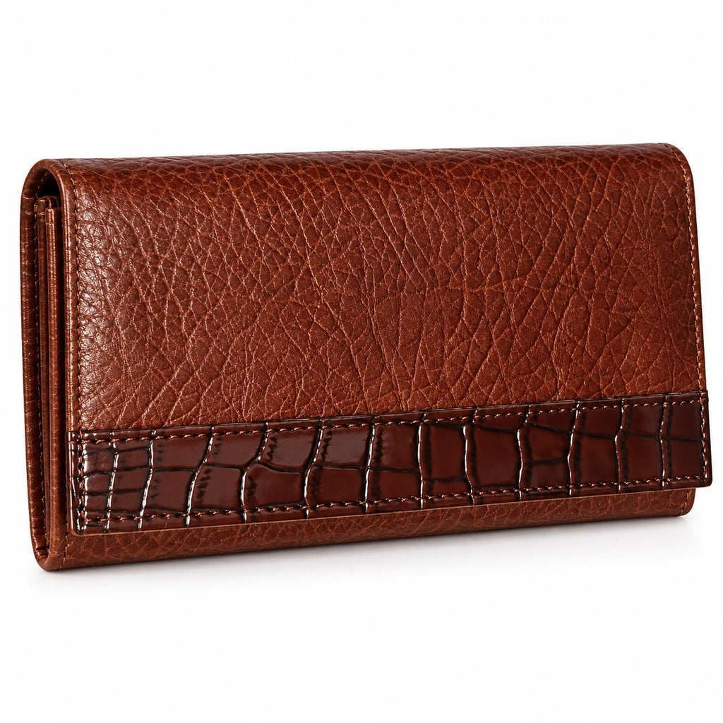 Buffalo grain clutch wallet at a three quarter angle, showing the croc embossed band
