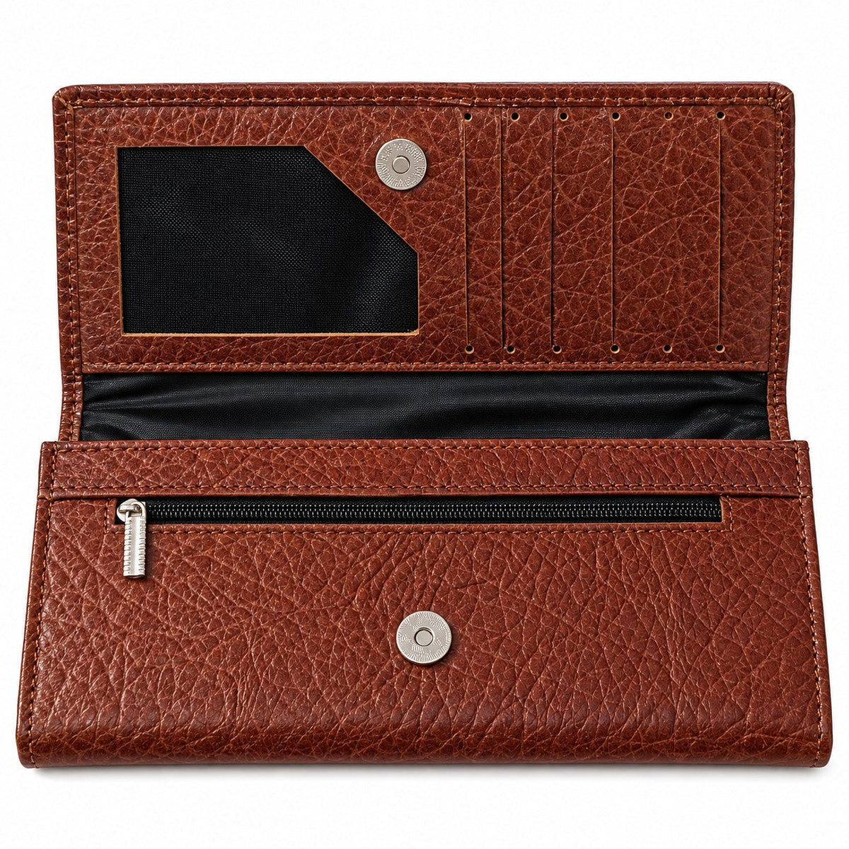 Clutch wallet open, showing the ID window, card slots, zipped coin pocket and magnetic snap