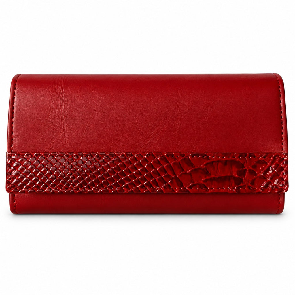 Red leather clutch wallet with croc embossed band across the front flap, closed