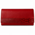 Red leather clutch wallet with croc embossed band across the front flap, closed