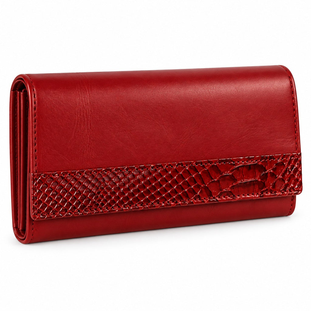 Red leather clutch wallet at an angle showing its depth and side profile