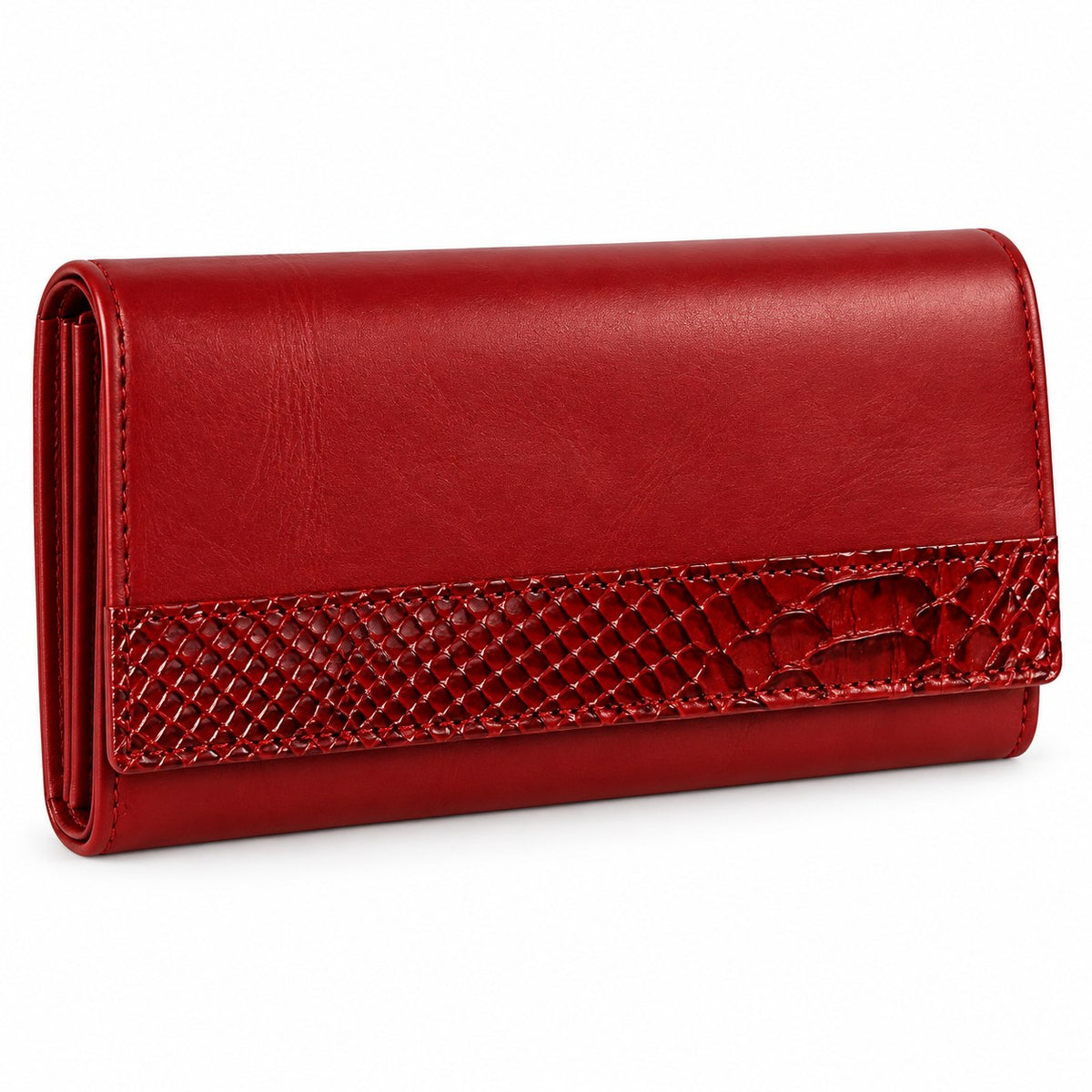 Red leather clutch wallet at an angle showing its depth and side profile