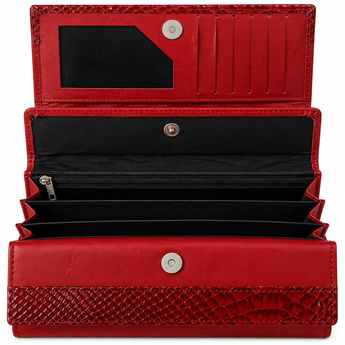 Inside the red clutch wallet: card slots, clear ID window, zipped centre pocket and two note partitions
