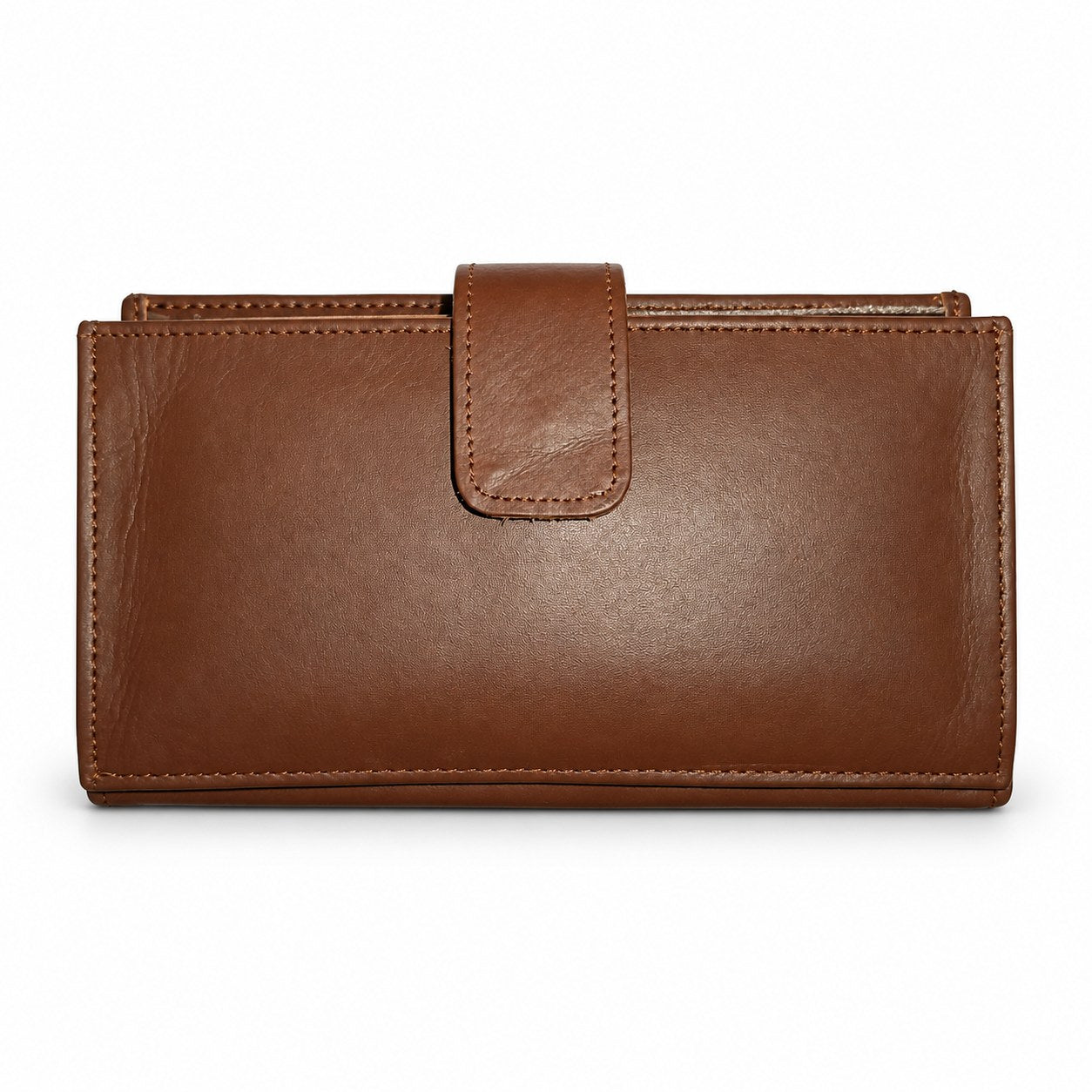 Women's brown leather long wallet with tab closure, closed front view