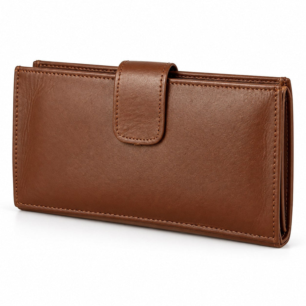 Brown leather long wallet at a three quarter angle, showing its depth