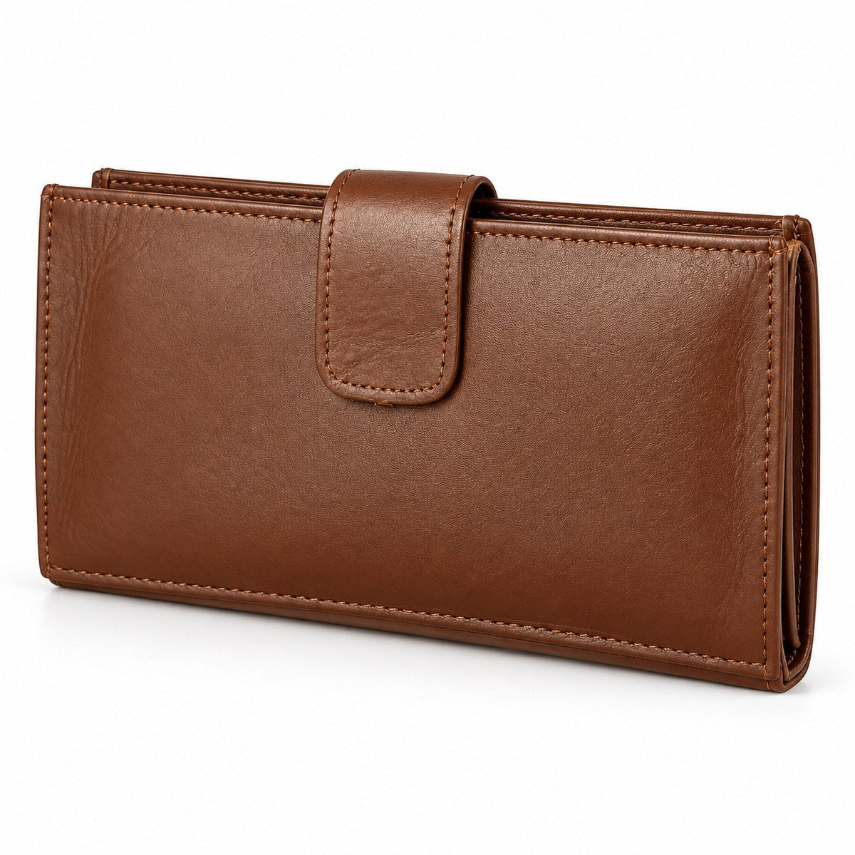 Brown leather long wallet at a three quarter angle, showing its depth