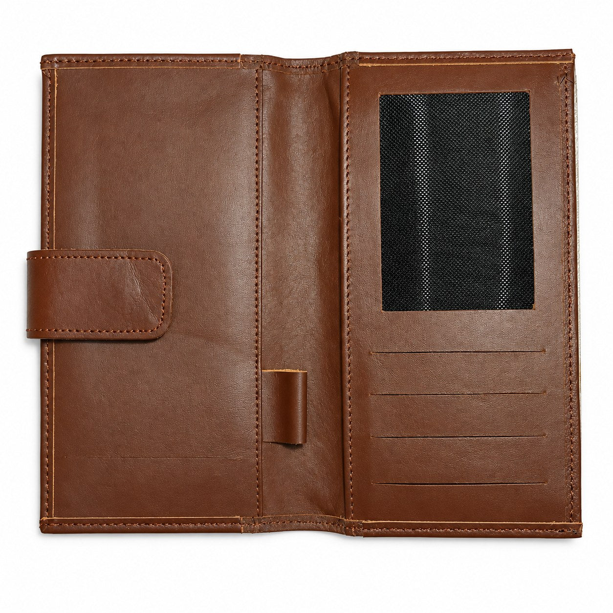 Brown long wallet open, showing card slots, clear ID window and pen loop