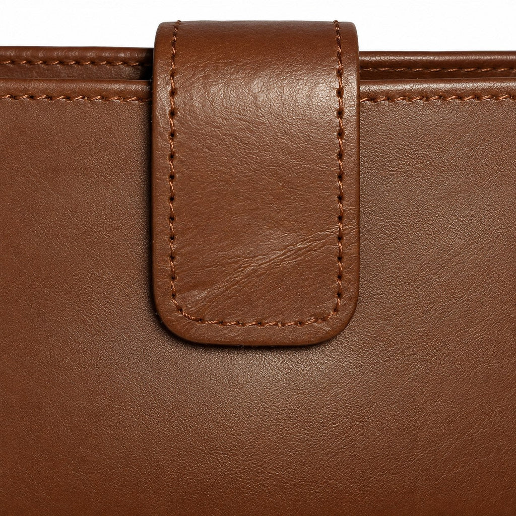 Close-up of the leather closure tab and stitching on the brown long wallet