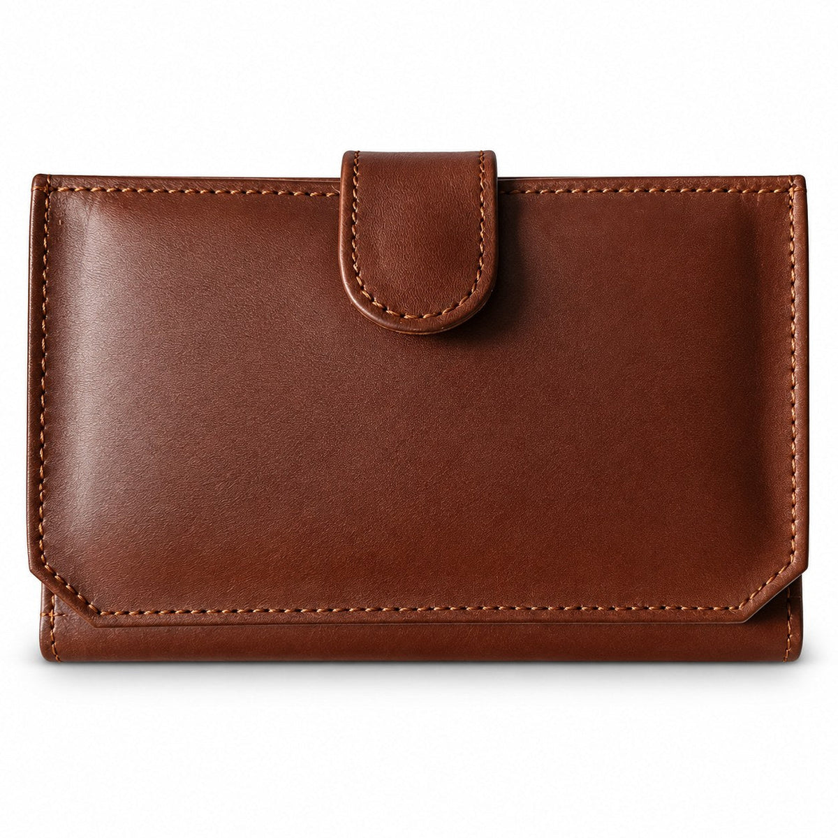Women's brown leather flap wallet with a snap tab, closed front view