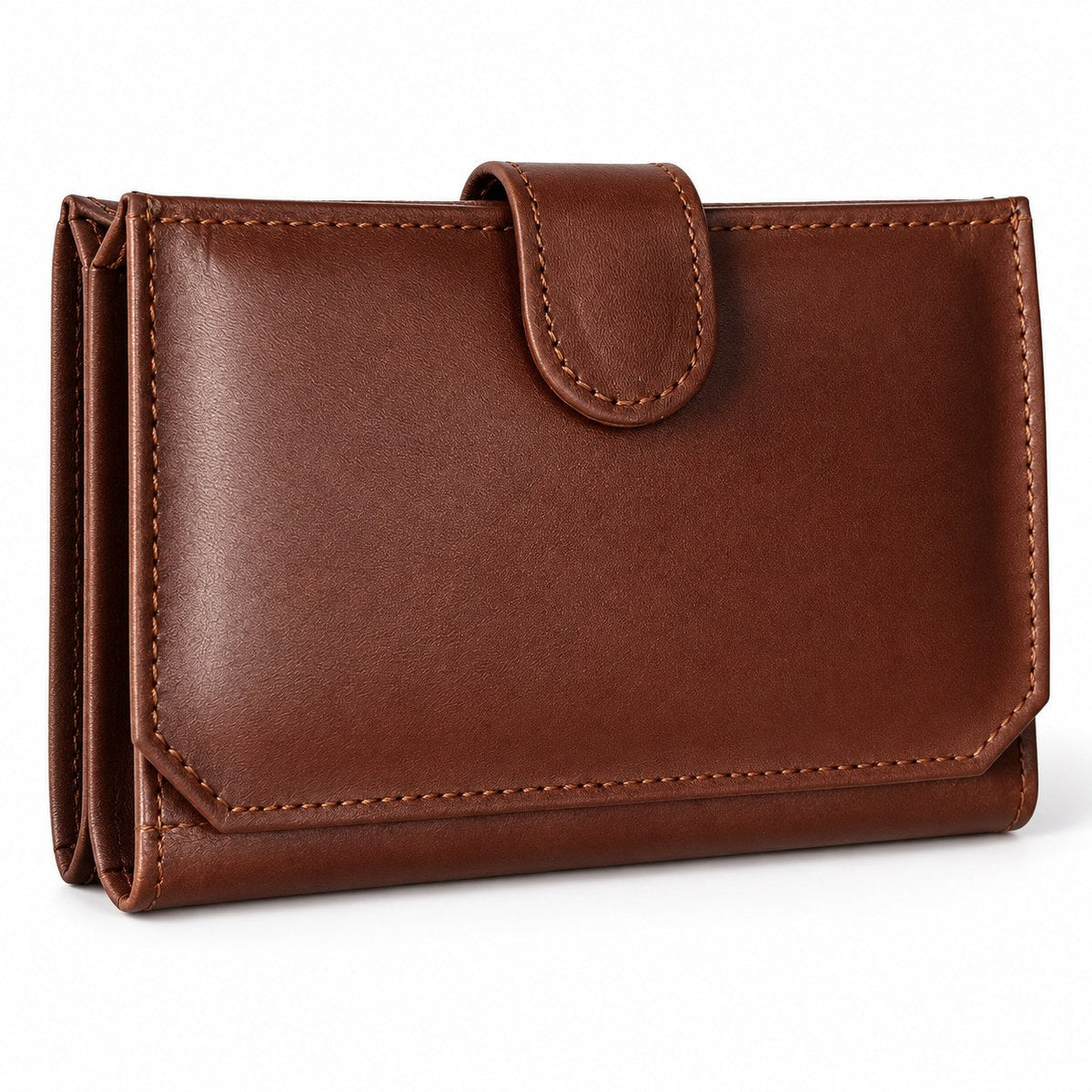 Brown leather flap wallet at a three quarter angle, showing its depth