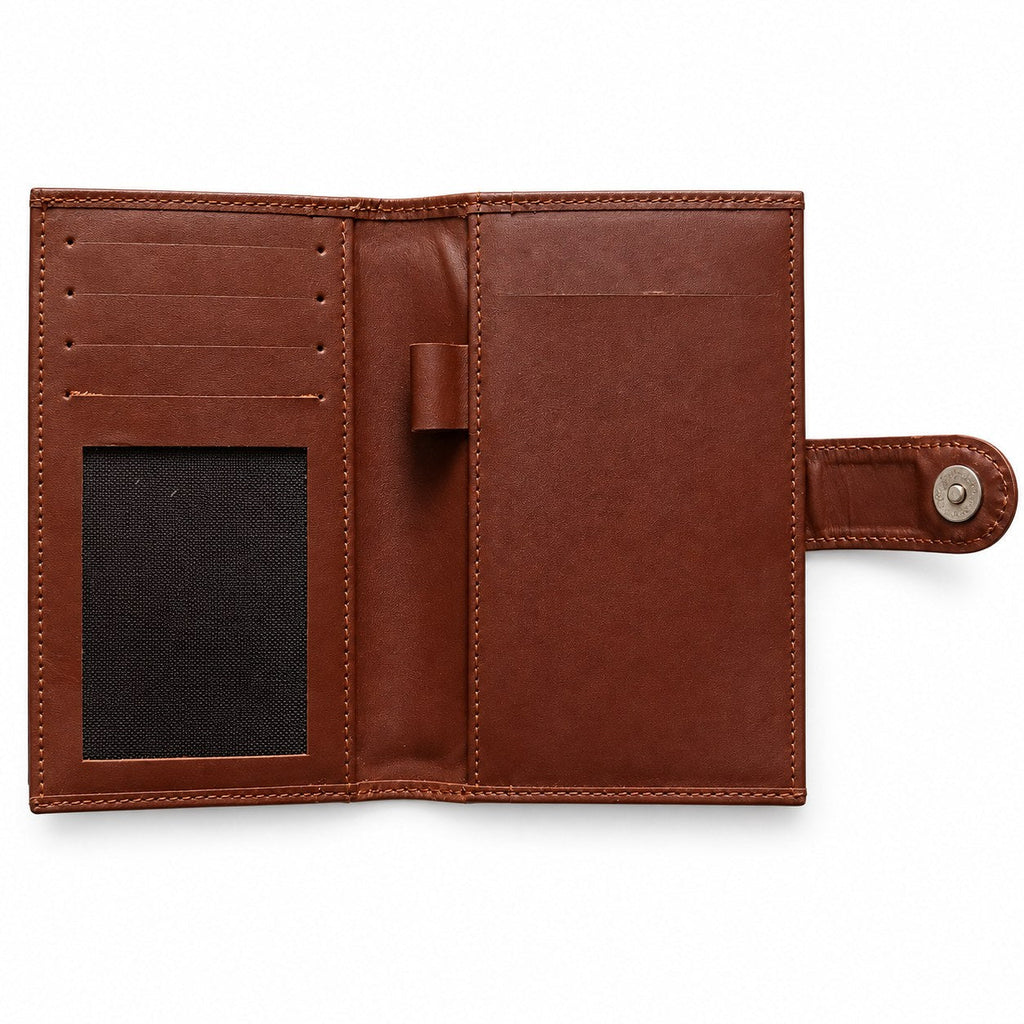 Brown flap wallet open, showing card slots, clear ID window, pen loop and note pocket