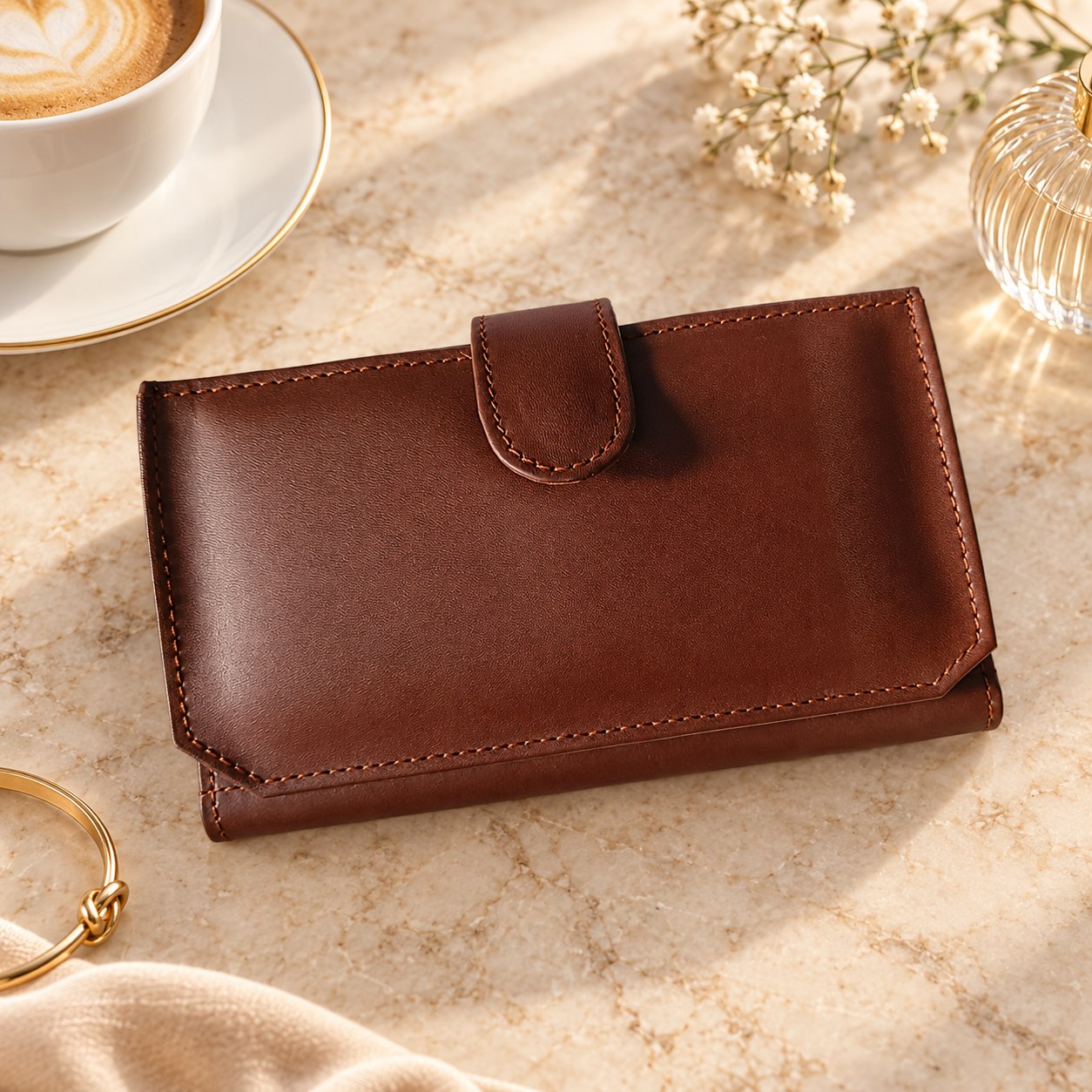 Brown flap wallet on a marble table beside a coffee cup