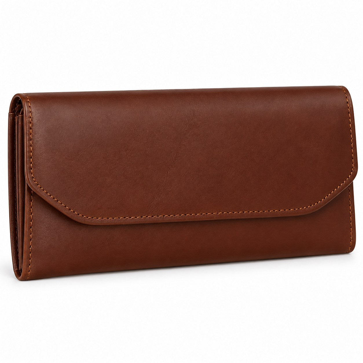Brown leather envelope wallet at an angle showing the flap and side profile