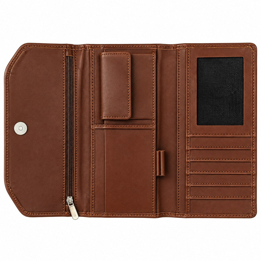 Inside the brown envelope wallet: full length zip, card slots, clear ID window and pen loop