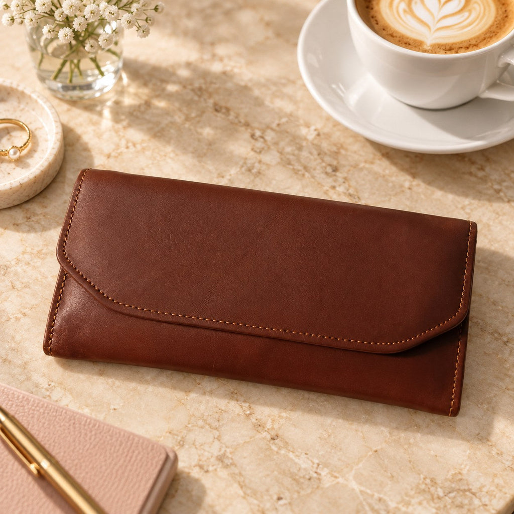 Brown leather envelope wallet on a marble table