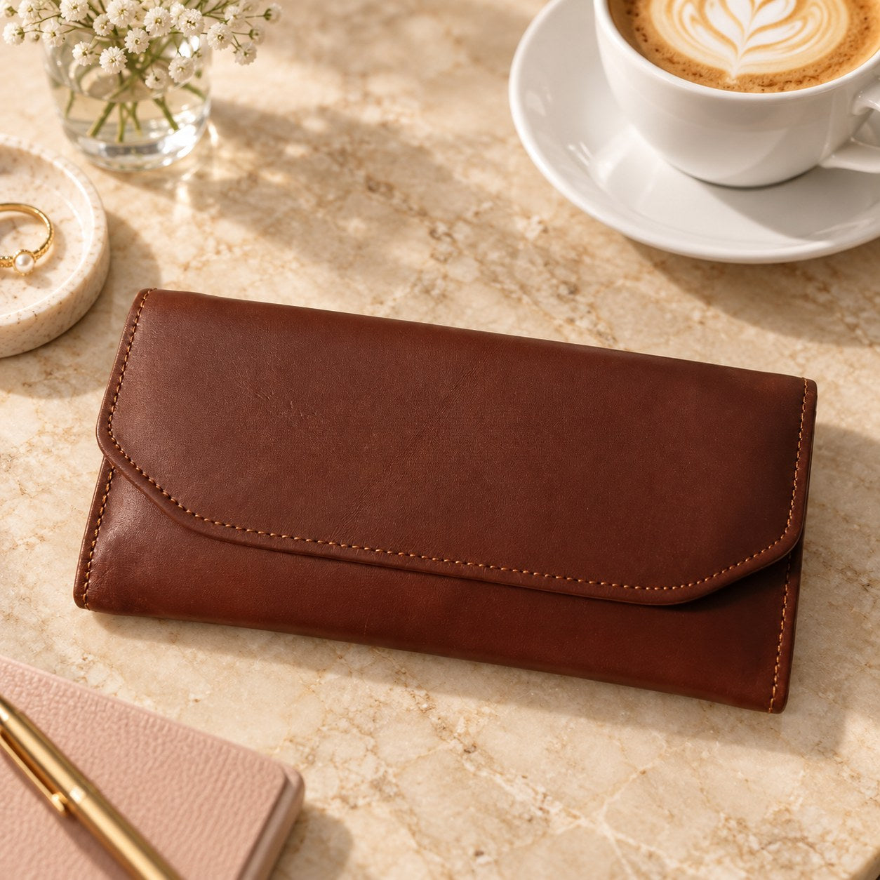 Brown leather envelope wallet on a marble table