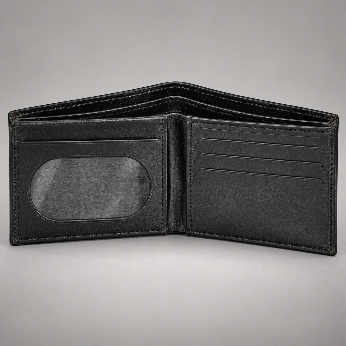 Slim black leather bifold wallet open, showing card slots and ID window