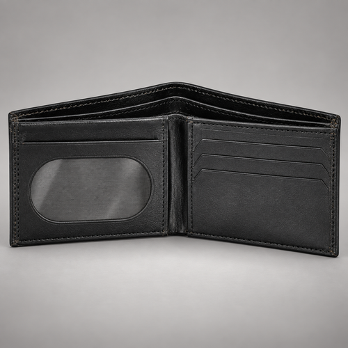 Slim black leather bifold wallet open, showing card slots and ID window