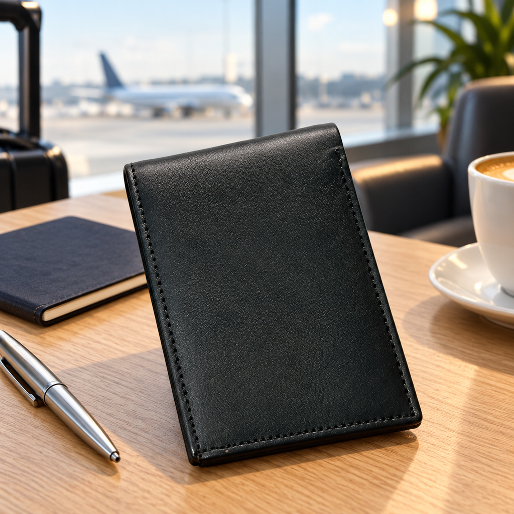 Slim black leather bifold wallet on a desk beside a notebook and pen